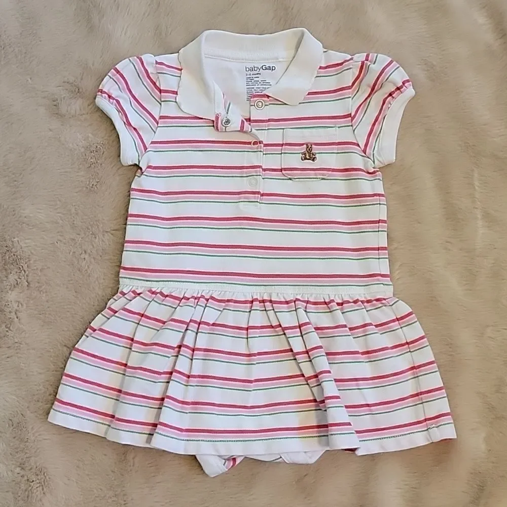 GAP WHITE STRIPED POLO DRESS WITH ATTACHED ONESIE, SIZE 3-6 MONTHS